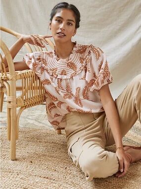 Anthropologie Current Air Pink Smocked Collar Puff Sleeve Palm Motif Top. Sz Lar